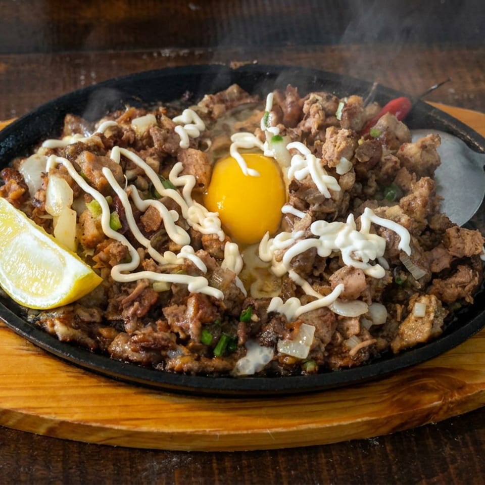 Steaming skillet of seasoned minced meat topped with a raw egg, mayonnaise drizzle, onions, green onions, and lemon wedge.